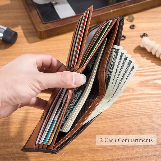 BULLCAPTAIN RFID Wallets for Men,Genuine Leather Wallet QB-05 (Brown) | Slim,Bifold,Front Pocket Wallet, 2 ID Windows,11 Card Slots,RFID Blocking Technology,Gift Choice - Image 5