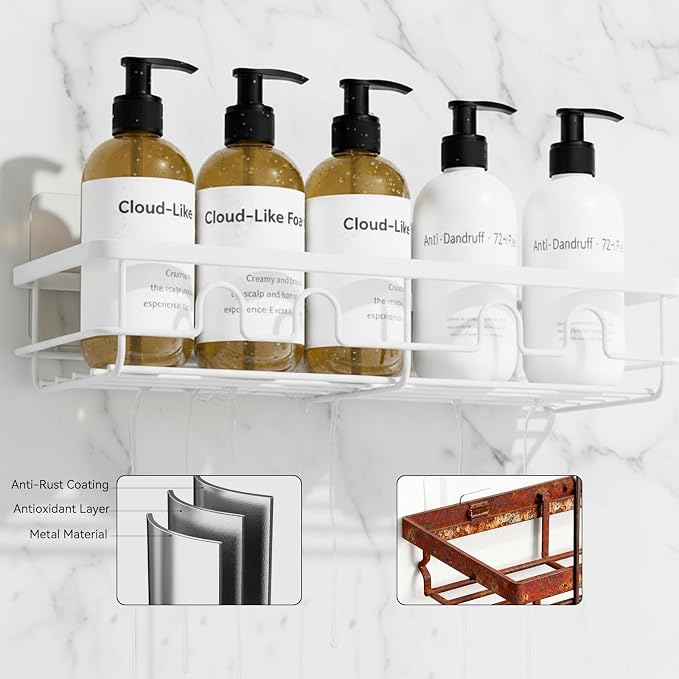 Adhesive Shower Caddy, Large Capacity Shower Racks for Inside Shower, No Drill Bathroom Shower Organizer and Storage, 2 Pack White Bathroom Shelves, Home Decor Rv Accessories, Apartment - Image 3