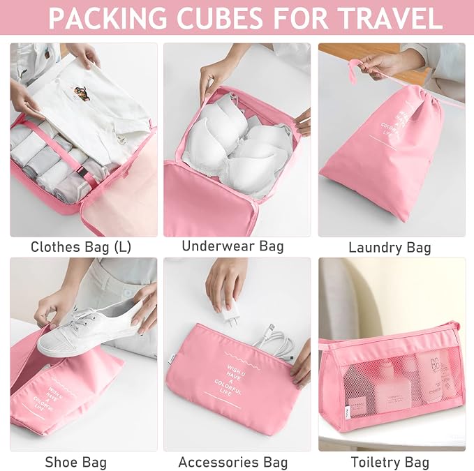 KPX 8 Set Packing Cubes for Travel, Luggage Packing Organizers Accessories Large Toiletries Bag for Clothes Shoes Cosmetics (Pink) - Image 4