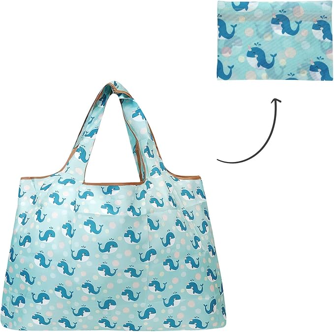 allydrew Large Foldable Tote Nylon Reusable Grocery Bags, Blue Whales - Image 5