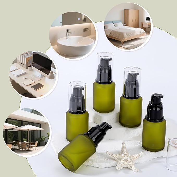 Segbeauty 1oz Frosted Glass Empty Travel Size Containers for Creams, 5pcs Refillable Lotion Pump Bottle Dispenser, 30ml Small Liquid Travel Containers, Green Mini Lotion Container Pump Dispensers - Image 6