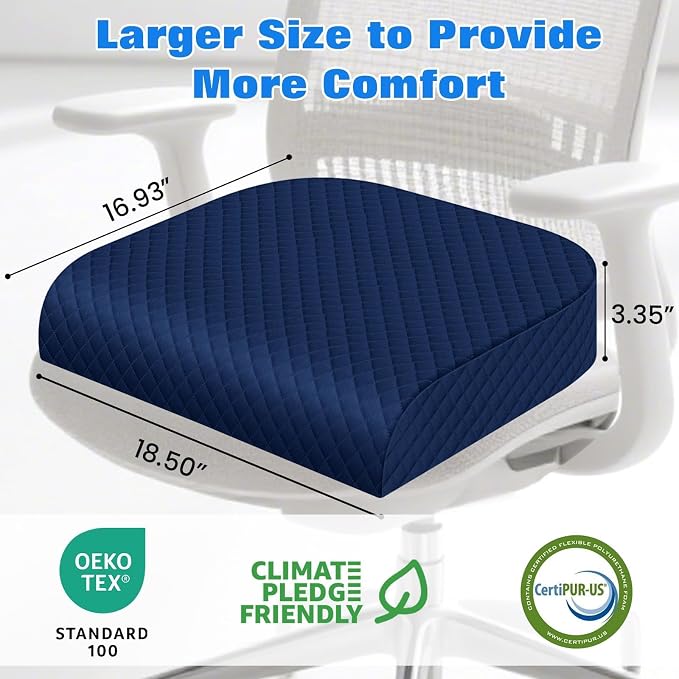 Seat Cushion, Office Chair Cushion, Chair Pad, Large, Blue, X-Large | Memory Foam, Washable Cover, Non-slip Bottom, Portable Handle, for Office, Home and Car - Image 2