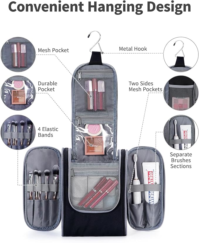 Narwey Small Hanging Travel Toiletry Bag Cosmetic Make Up Organizer for Women and Men (Medium, Black) - Image 2