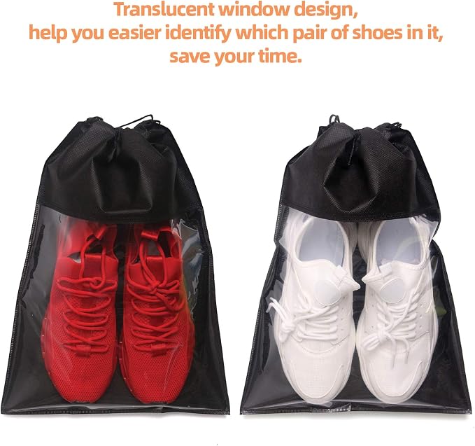 24 Pack Portable Shoe Bags for Travel Large Shoes Pouch Storage Organizer Clear Window with Drawstring for Men and Women Black - Image 3