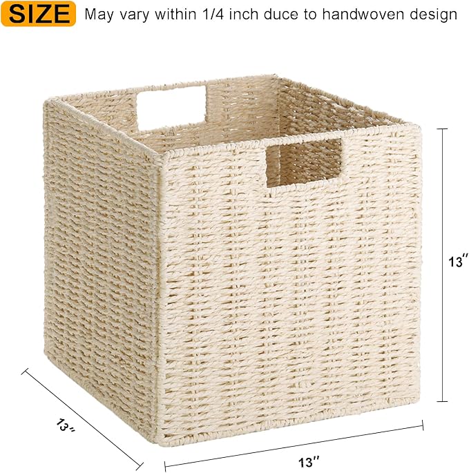 Wicker Storage Basket, Set of 2 Hand-Woven Paper Rope Wicker Baskets, Foldable Cube Storage Bins, Beige Storage Basket, Square Baskets for Organizing Shelves & Decor, Beige(13″×13″×13″) - Image 2