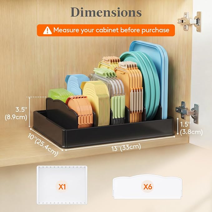 Lifewit Kitchen Cabinet Organizer for Food Contanier Lid with 7 Sections | Lid Holder with 6 Adjustable Dividers for Pantry Organizers and Storage, Home Drawer Organization, Black, Large, 13" x 10" - Image 3
