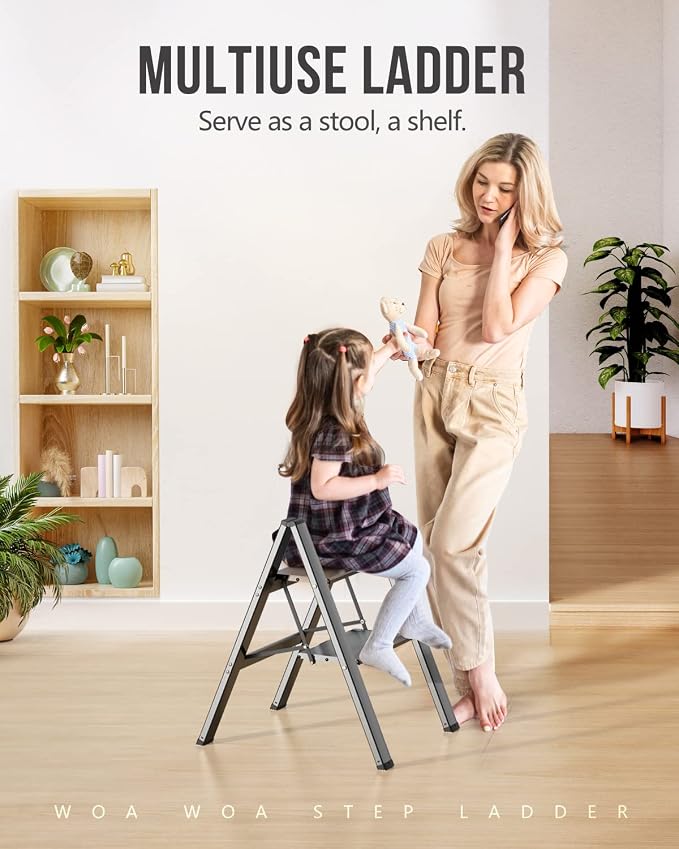 2 Step Ladder, Foldable Step Stool, 300lbs Load, Black | Folded 27''H x 2''T; Net 6.6 lbs; Rigid Aluminum Steps; No Assembly; For Home, Kitchen, Office, Pantry, Closets, Cabinets - Image 7