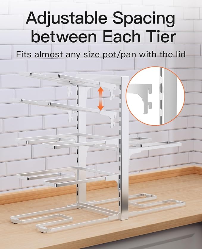 Pots and Pans Organizer Under Cabinet 15.8" 8-Tier Adjustable Silver | 2 DIY Modes, Tool-Free Assembly, Max 120 Lbs, Fits Cast Iron Pans, Dutch Ovens & Heavy Cookware, For Kitchen Cabinets - Image 7