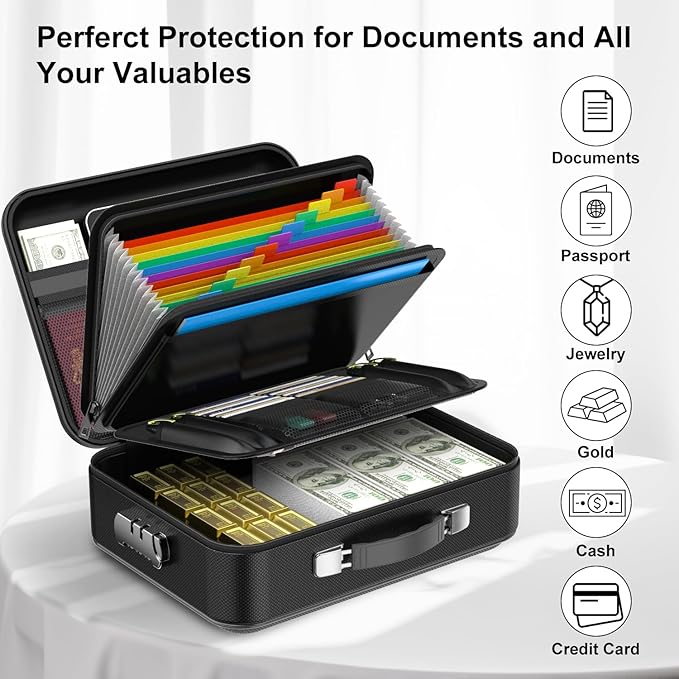 Fireproof Document Box with Lock, Hard Fireproof Document Organizer | Hard-Shell Fireproof Waterproof Documennt Box with Combination Lock Black - Image 5