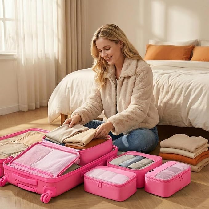 4 Piece Compression Packing Cubes for 3–7 Day Travel, Space Saving Travel Organizers with Breathable Mesh, Double-Zipper Packing Cubes for Carry-On & Suitcases (Pink) - Image 6