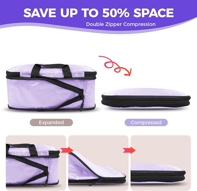 Compression Packing Cubes for Travel, 8-Piece Carry-On Suitcase Organizer | Elegant Ultralight Luggage Organizer Set for Women, Space Saving for Carry-On, Suitcase & Vacation Cruise Travel - Purple - Image 3
