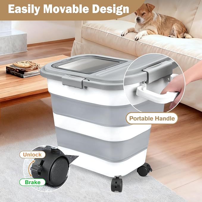 Rice Storage Container, Collapsible Airtight Food Storage Containers 6-20 Lbs, Rice Dispenser Bin with Cup and Scoop for Flour Cereal Pasta Grain, Cat Bird Pet Dog Food Storage Container - Image 3