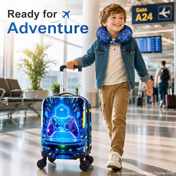 Luggage for Boys with Wheels, Lightweight Hardshell Spinner Kids Suitcase Set 2PCS - Airplane Approved Carry-On for Children Ages 3-10, Futuristic Game Rolling Suitcases for Elementary Toddler Travel - Image 2