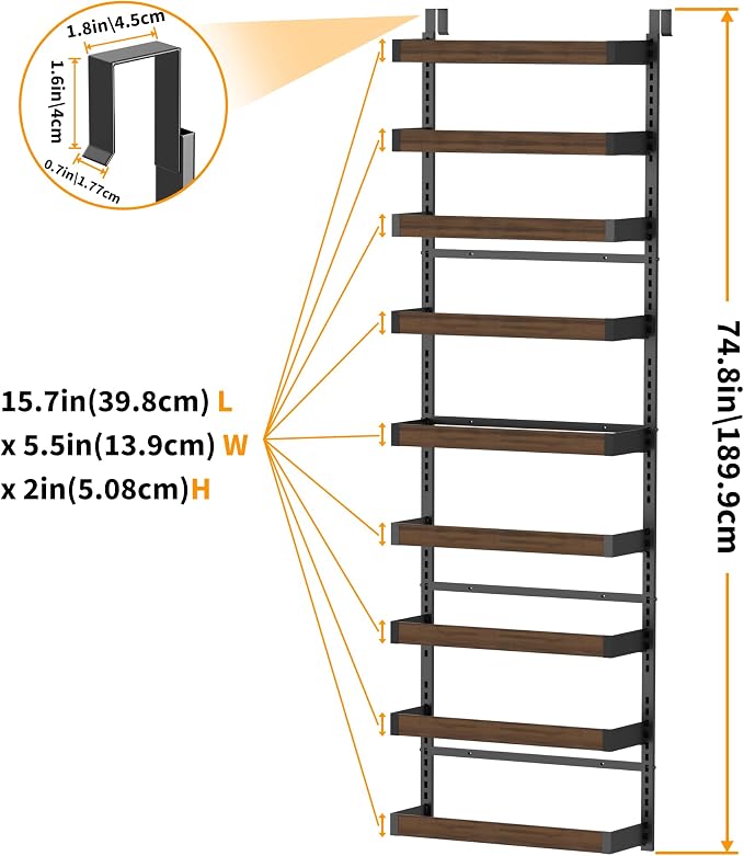 Moforoco Wood 9-Tier Over The Door Pantry Organizer, Wooden Pantry Organization and Storage, Black Hanging Basket Wall Spice Rack Seasoning Shelves, Home & Kitchen - Image 2