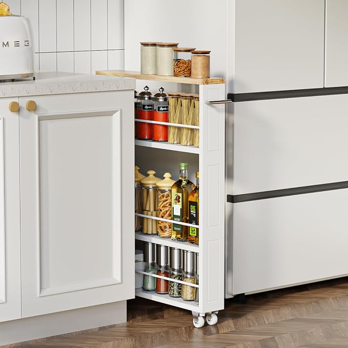 KLM 4 Tier White Slim Storage Cart with Handle, Slide Out Storage Rolling Utility Cart for Kitchen, Laundry, Narrow Places - Image 5