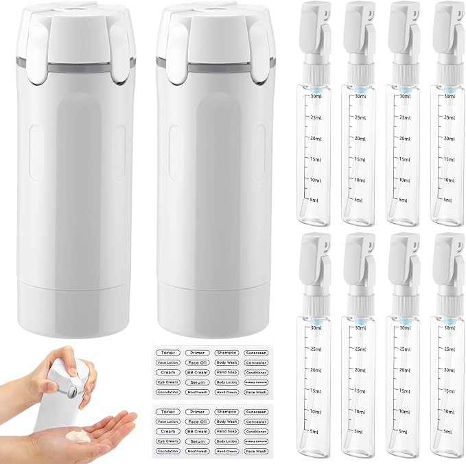 2 Pack 4 in 1 Travel Dispenser with 30ml Travel Bottles and Label Refillable & Leak Proof Portable Toiletry Containers with Locks for Shampoo Lotion Conditioner Cream (White) by Domensi