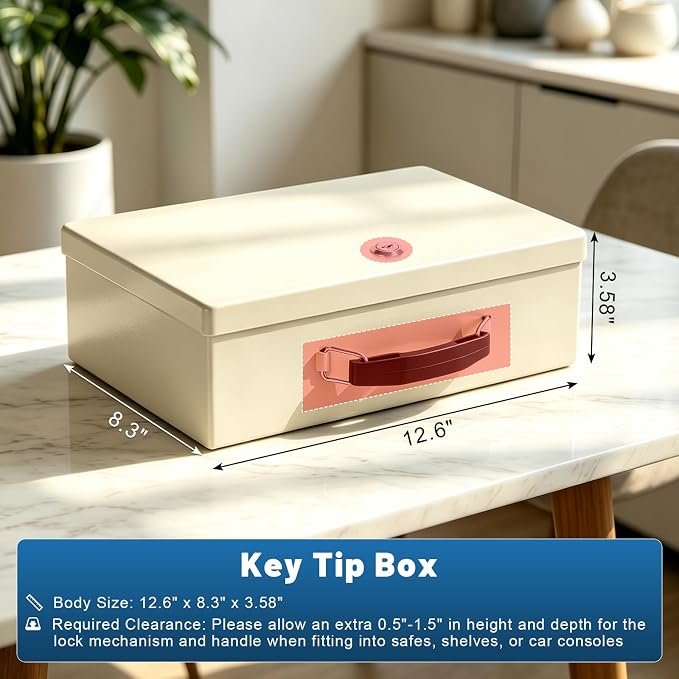 KYODOLED Fireproof Document Box with Key Lock, Small Safe Box for Valuables, Fire and Water Resistance, Fireproof Lock Box for Passport, Cash, Tablet, Exterior 12.6'' x 8.3'' x 3.58'' Beige - Image 4