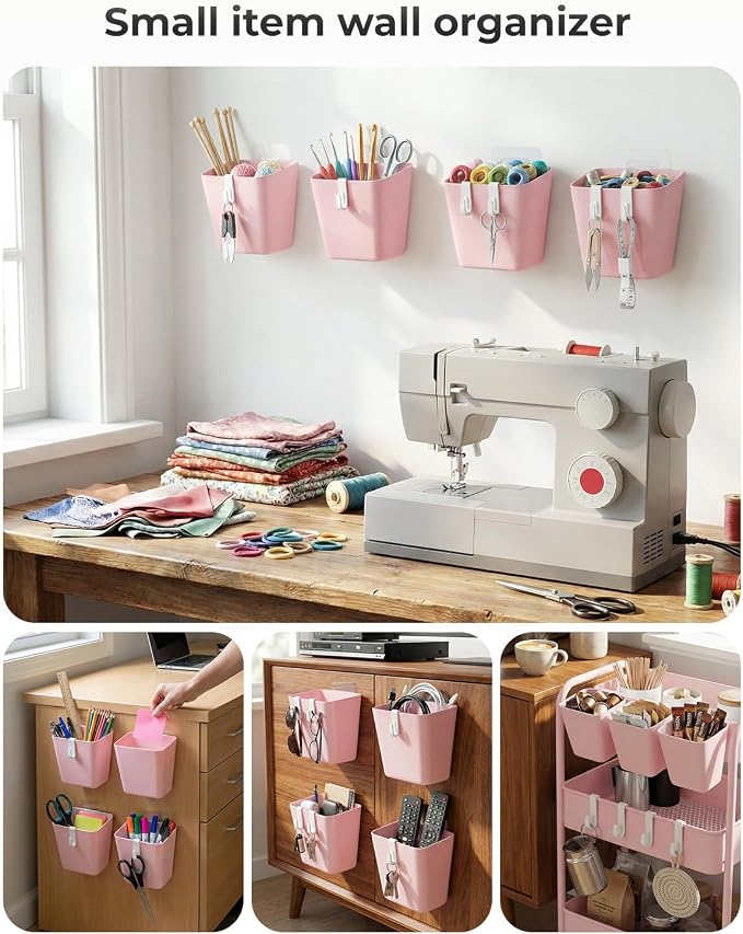 4 Pack Rolling Cart Accessories, Pink Craft Cart Cup Holder and 6 Hooks for Utility Carts, Adhesive Kitchen Cabinet Door Storage, Space-Saving Wall Mount Organizer for Bathroom, Office, Makeup - Image 7