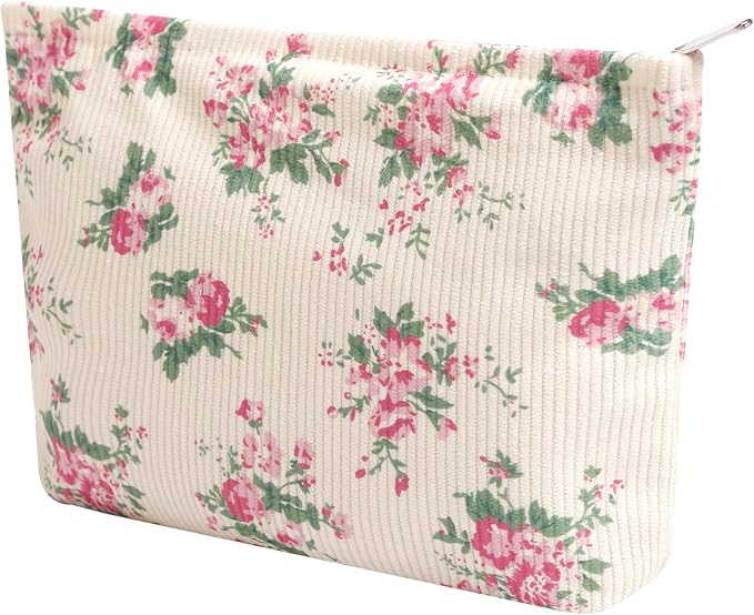 Cosmetic Bags for Women - Corduroy Cosmetic Bag Aesthetic Women Handbags Purses Smile Dots Makeup Organizer Storage Makeup Bag Girls Case Bags (Flowers-Pink) by Gardsell