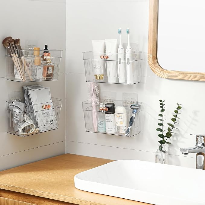 4 Pack Clear Acrylic Small Wall-Mounted Storage Baskets with Adhesive, No Drilling, Hanging Wall Mount Storage Bins for Kitchen, Pantry, Bathroom, RV - Image 9