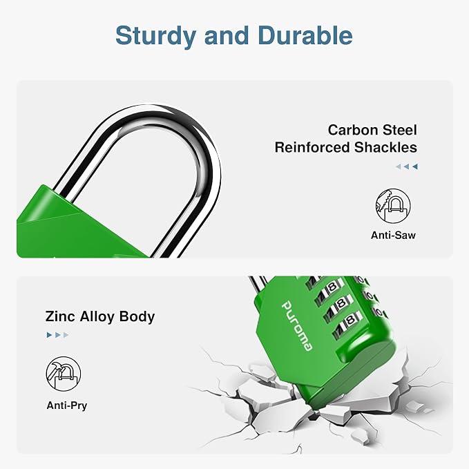 Puroma 1 Pack Combination Lock Locker 4 Digits Combo Padlock Gym Green | For School Gate Fence Toolbox Hasp Storage, Outdoor, Resettable, Weatherproof, Side Window, Crack Cut Resist, Hardened Steel - Image 4