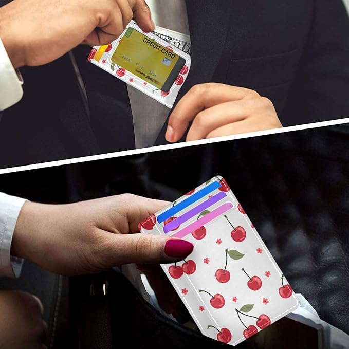 Front Pocket Minimalist Leather Slim Wallet Credit Card Holder Red Cherry for Men & Women - Image 6