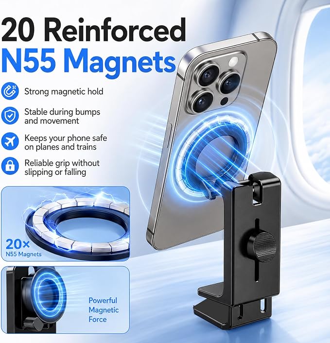 Airplane Phone Holder 360 Travel Stand | For Airplane Trains and Travel, Ultra Strong Magnetic Mount with 20 N55 Magnets, 360° Rotation, Compact for Carrying - Image 4
