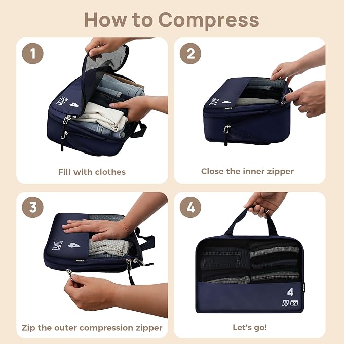 7 Set Compression Packing Cubes for Travel, Luggage Organizer Bags for Suitcases with Mesh Panels, Shoe Bag & Toiletry Bag for Carry On, Vacation & Cruise Essentials (Navy Blue) - Image 3
