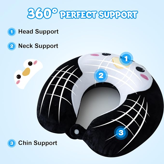 Cirorld Travel Pillow for Kids Adult Cute Neck Pillow for Traveling Memory Foam Airplane Pillow Sleep Mask Animal Flight Pillow Head Rest Neck Support for Cars Long Flights (Penguin, 9-12 Y/O) - Image 2