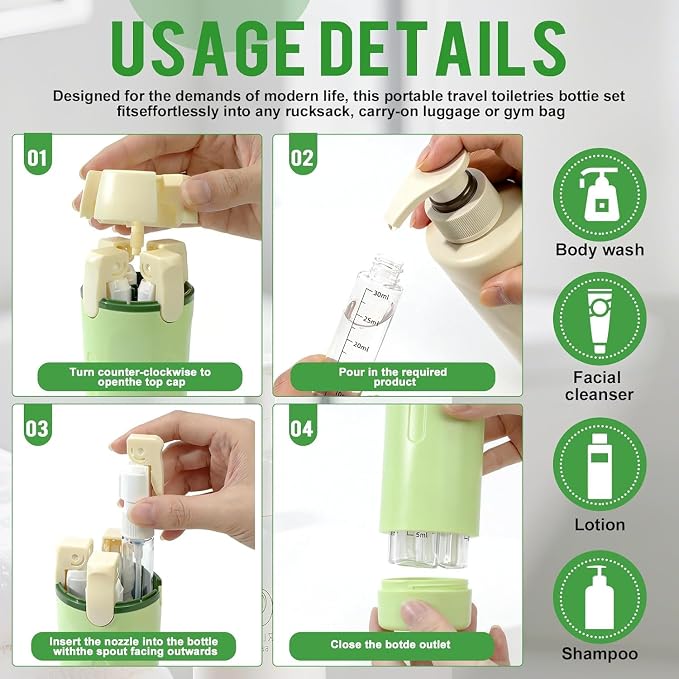 4 in 1 Travel Dispenser,4 Pack 30ML Travel Bottles for Toiletries,Refillable, Leak Proof and Portable,Suitable for Storing Shampoo, Shower Gel, Suitable for Travel, Camping (Green) - Image 6