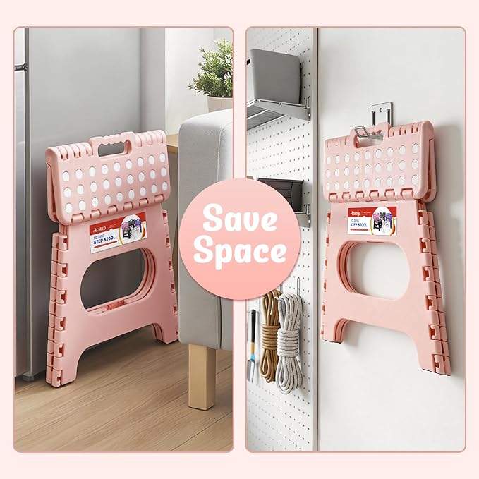 11" Folding Step Stool for Kids, Non-Slip Foldable Stool, Light Pink | Heavy Duty Collapsible Foot Stool, Lightweight with Built-in Handle, Holds 300 lb for Adults Kitchen Bathroom Bedroom Outdoor - Image 7
