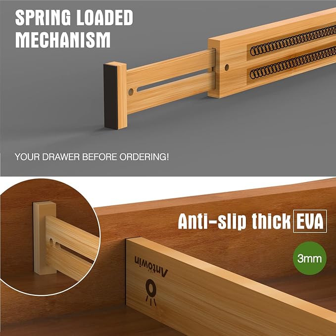 Bamboo Drawer Dividers Organizers, Drawer Separators Splitter,17-22 inches Long Adjustable Spring-loaded Organizer for Large Utensil, Clothes, Tools Drawers(yellow) - Image 2
