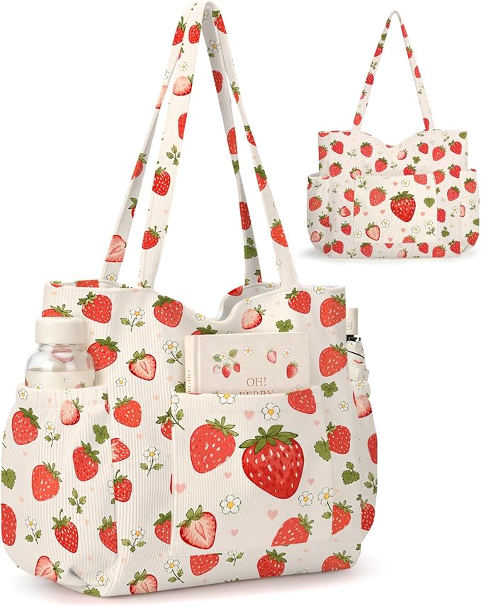 Corduroy Tote Bag for Women,Large Capacity Cute Tote Bags With 6 Pockets,Crossbody Shoulder Handbag for Work Travel Gym by Hatisan