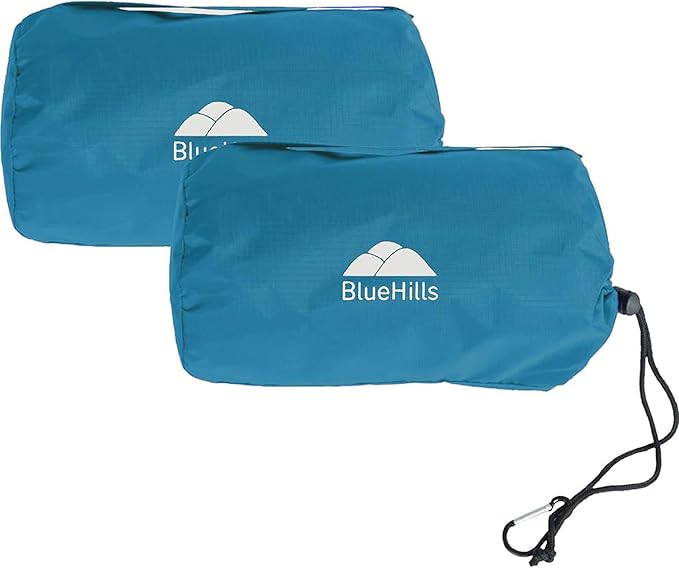 BlueHills Ultra Compact Travel Blanket Pillow 2 Pack Airplane Peacock Teal | Travel Set Blanket/Pillows, Matching Bag/Pillowcase, Luggage Belt & Backpack Clip, Compact & Packable, Traveling Essentials by BlueHills