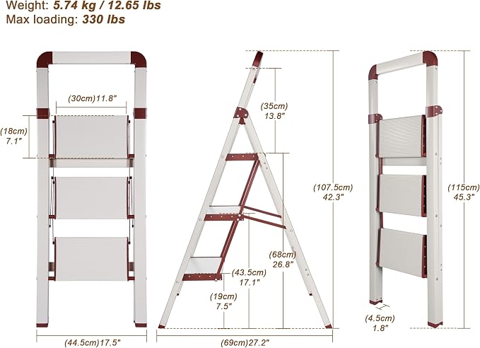 Step Ladder 3-Step White Finish Aluminum Iron Folding Ladders | Anti-slip Sturdy Foldable Ladder Step Stool for Kitchen Home Office Libaray - Image 2