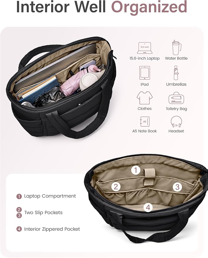 Uselike Tote Bag for Women with Zipper, Quilted Puffer Tote Bag with Compartments, Lightweight Puffy Work Bags for Women - Image 5