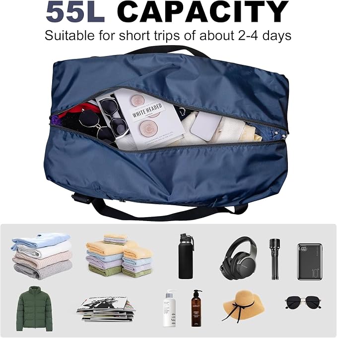 HOLYLUCK Foldable Travel Duffel Bag Luggage Great for Gym -55L, Navy Blue - Image 3