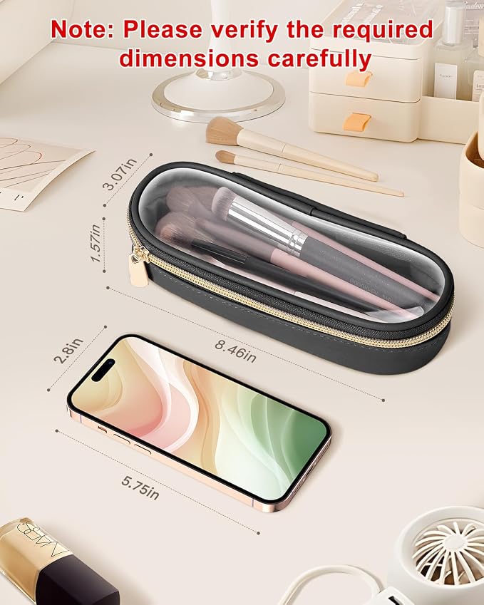 Soimeat Clear Travel Makeup Brush Holder, Leather Makeup Brush Toiletry Bag, Portable Cosmetic Brush Case, Transparent Waterproof Makeup Brush Storage Bag, Black, Large - Image 3