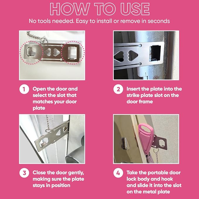 Portable Door Lock Extra Security Essential Safety & Privacy Travel Lockdown, Prevent Entry Stopper, Protect Family While Traveling Home Bedroom Hotel Apartment College (1 Pink) - Image 6