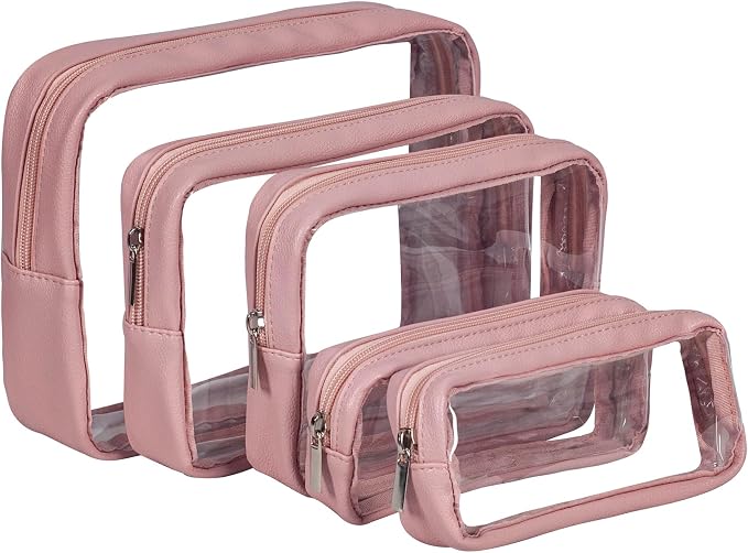 Remobia Hicol TSA Approved 5-Piece Diaper Bag Organizer Pouch Set Clear Waterproof TPU Kids Toiletry Storage Set Travel Packing Clutch Cube Bags for Baby Nursing (Light Pink Leather) by Remobia+Hicol