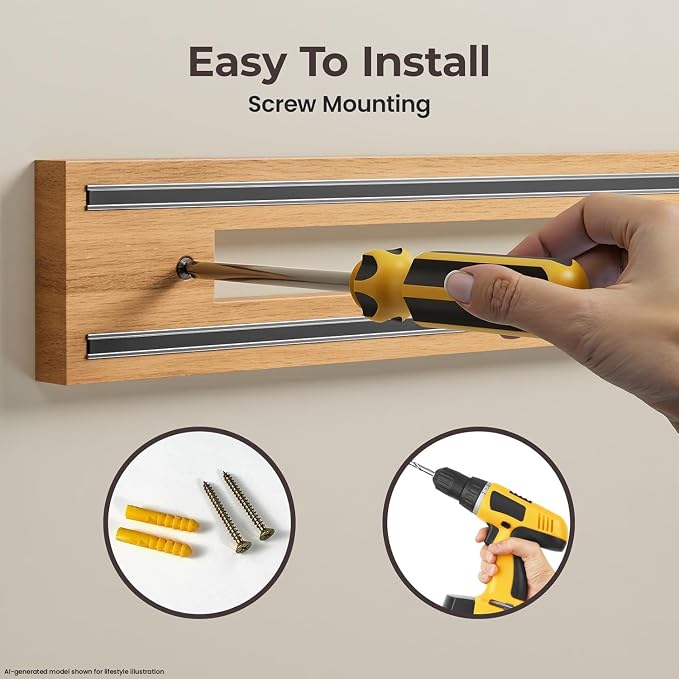 Magnetic Knife Holder for Wall, 16.5 Inch Knife Magnetic Strip | Rubber Wood Knife Block, Kitchen Utensil Holder, Magnetic Tool Holder, Double Magnetic Strips, 4 Hooks Included, Ideal Gift - Image 6