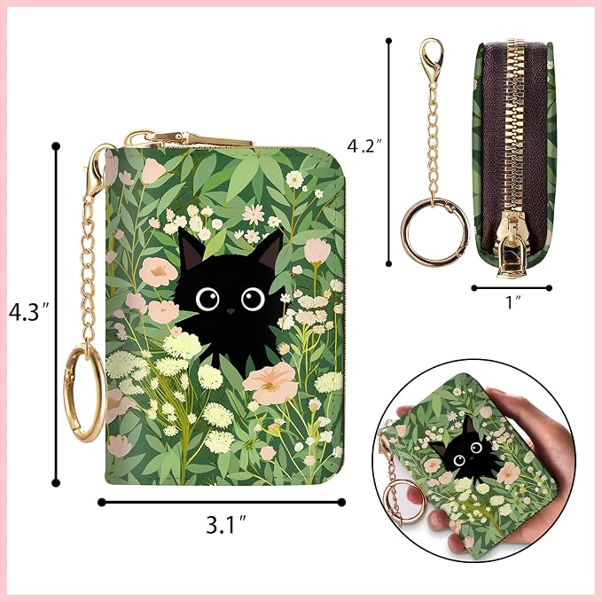 Blusabaca Women's Black Cat Floral RFID Wallet, Waterproof, Leather, 12 Card Slots, 2 Pockets for Coins, 2.5 in x 3.5 in | Removable Keychain, Case with Zipper, Vegan PU Leather, Cash Coin Pocket, Business Accordion Purse, Ladies Female Gift - Image 6