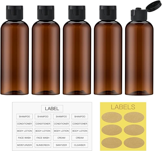 LISAPACK 3.4 oz Travel Bottles for Toiletries, Plastic Shampoo Containers | 5pcs small size dispenser, squeeze tubes, leak proof, small empty for liquid, lotion, conditioner, soap, 100 ml, TSA, brown - Image 6