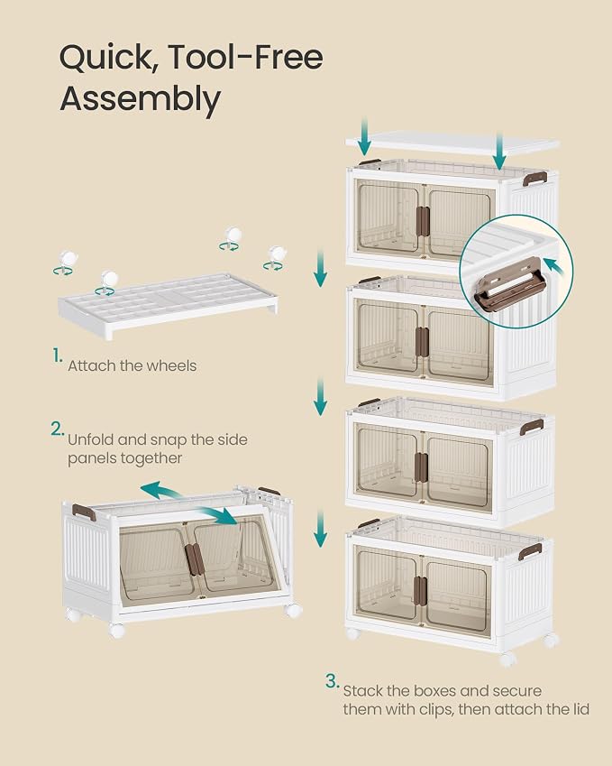 SONGMICS 58QT stackable storage bins with 1 Lid, 4-Tier Foldable Bins | Collapsible Cabinet, PP Plastic, Magnetic Doors and wheels, 23.6 x 12.2 x 47.2 inch, White, DENNYS Collection URLB460WZ01 - Image 4