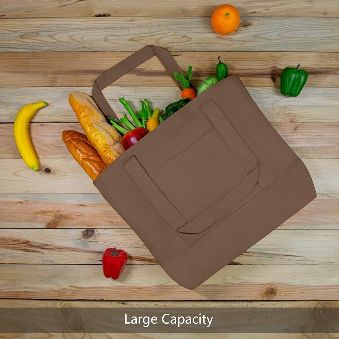 TOPDesign 6-Pack Canvas Tote Bags with an External Pocket, Reusable Grocery Shopping Bags, Top Zipper Closure, Daily Essentials (Brown) - Image 4