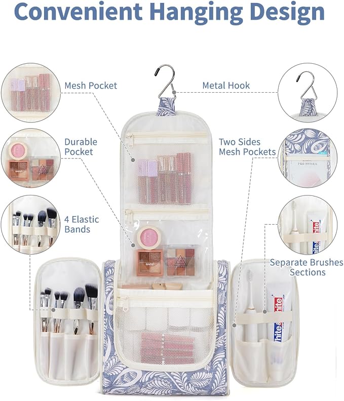 Narwey Hanging Toiletry Bag for Women Travel Makeup Bag Organizer Toiletries Bag Men for Cosmetics Essentials Accessories(Large, Blue Leaf) - Image 2
