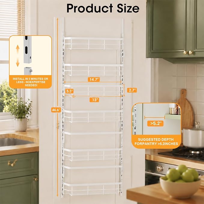Over the Door Pantry Organizer, Adjustable 6 Tier Wide Storage Shelves with Hooks Fit Thin Doors Hold Spices Rack for Pantry Kitchen RV, White - Image 3