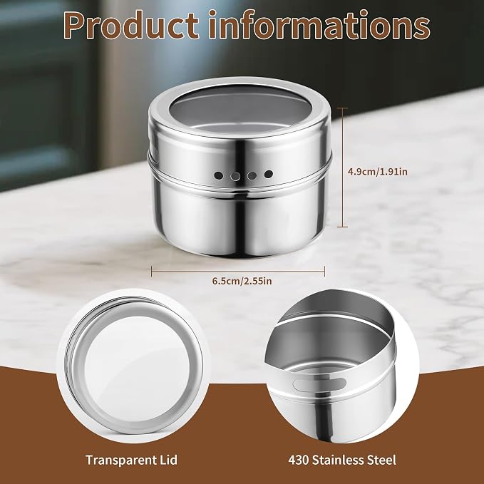 12pcs Stainless Steel Spice Jars, Magnetic Condiment Tins Magnetic Spice Jar With Clear Lid And Holes Sift&Pour - Easy To Clean - Image 3