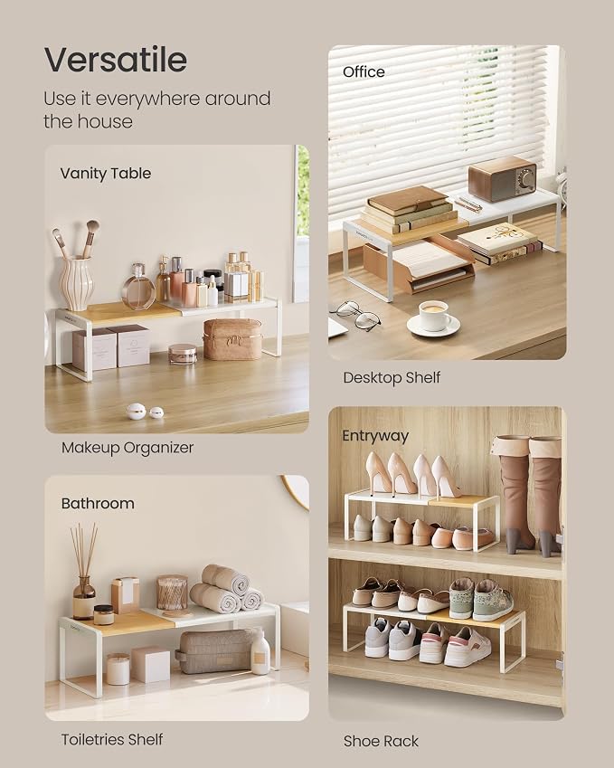 SONGMICS HOME Spice Rack, Expandable Cupboard Shelf Orgnizer,Bamboo | Kitchen Counter Shelves, Bamboo and Steel, Stackable, Cream White and Light Bamboo, BYSTRO Collection UKCS052W01 - Image 6