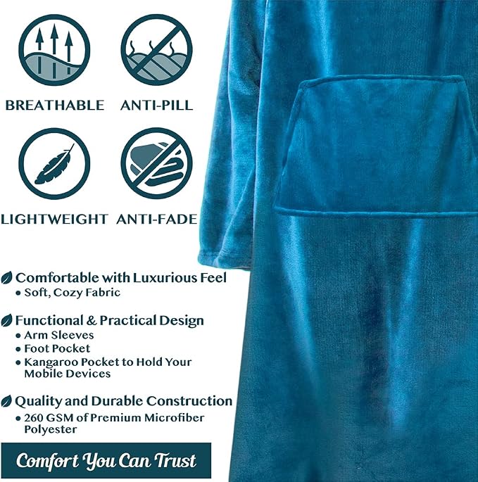 PAVILIA Fleece Blanket with Sleeves, Foot Pockets for Women Men Adults, Plush Wearable Blanket Throw Wrap, Warm Snuggle Blanket Robe, Cozy Gift Ideas Wife Mom Teal Blue - Image 4